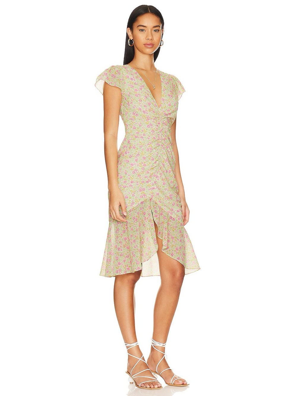 Majorelle Elaine Midi Dress Pink Lemonade Multi Ruffle Floral Revolve XS